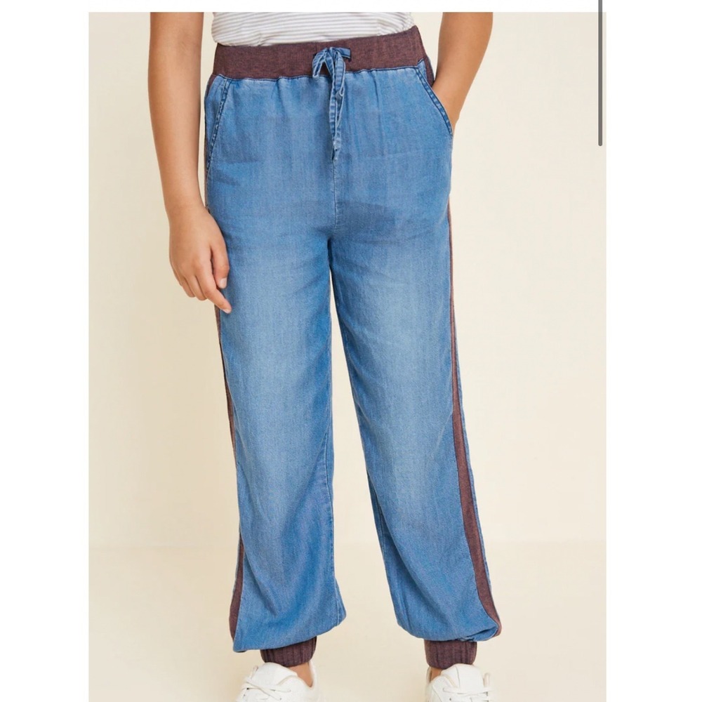 Hayden Girls Chambray Side-Stripe Joggers Mid Denim Blue Burgundy Size L NWT